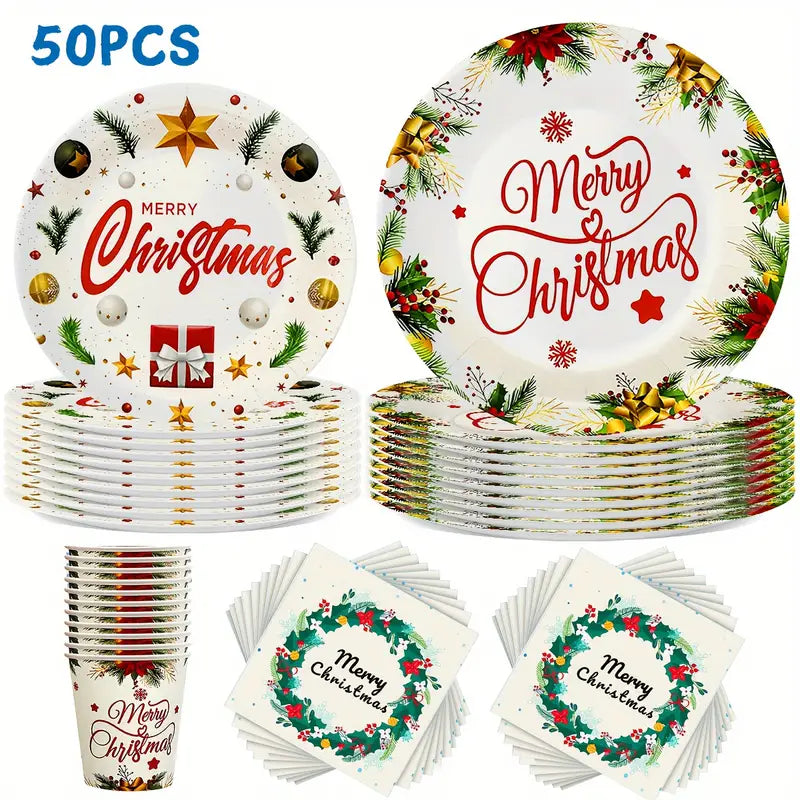 Kit de Talheres para Festa de Natal com 50 Peças - Pratos, Copos e Guardanapos Descartáveis