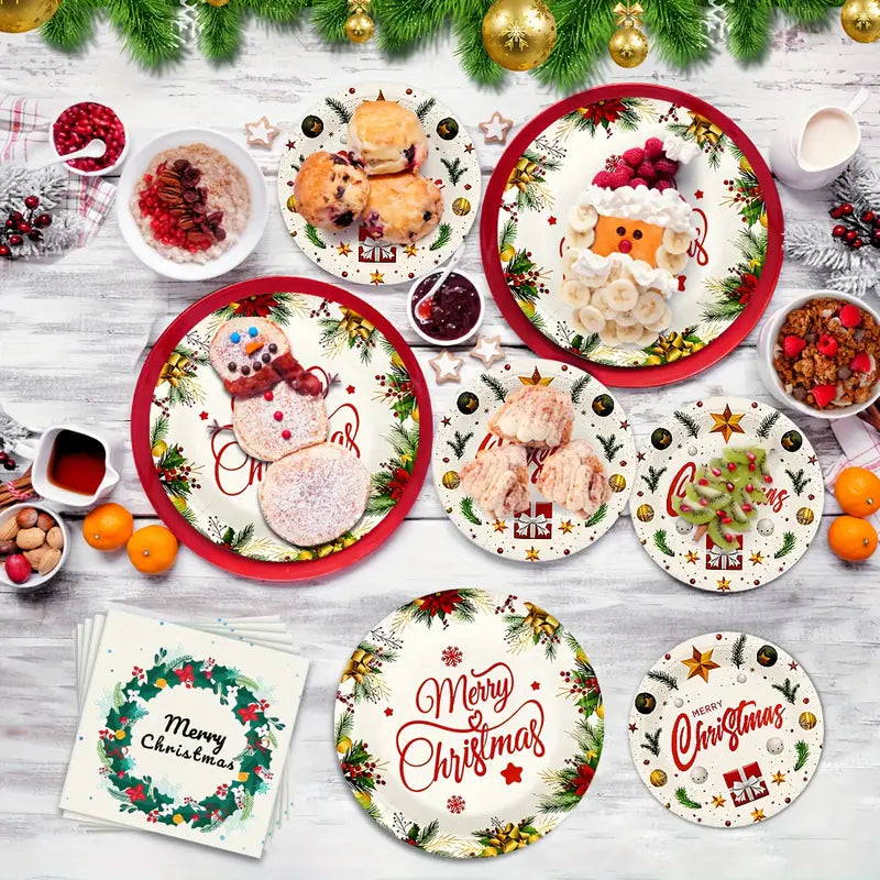 Kit de Talheres para Festa de Natal com 50 Peças - Pratos, Copos e Guardanapos Descartáveis