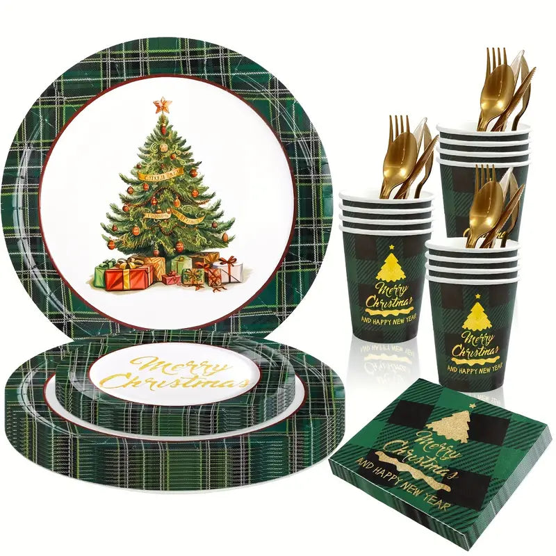 Kit de Talheres para Festa de Natal com 80 Peças - Pratos, Copos e Talheres Descartáveis