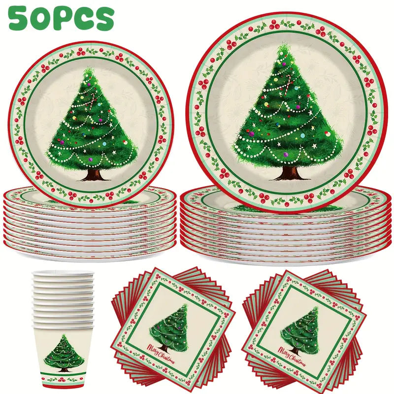 Kit de Talheres para Festa de Natal com 50 Peças - Pratos, Copos e Guardanapos Descartáveis