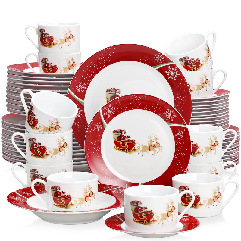 Conjunto de louças Natalino de porcelana com 60 peças - Serviço para 12 Pessoas