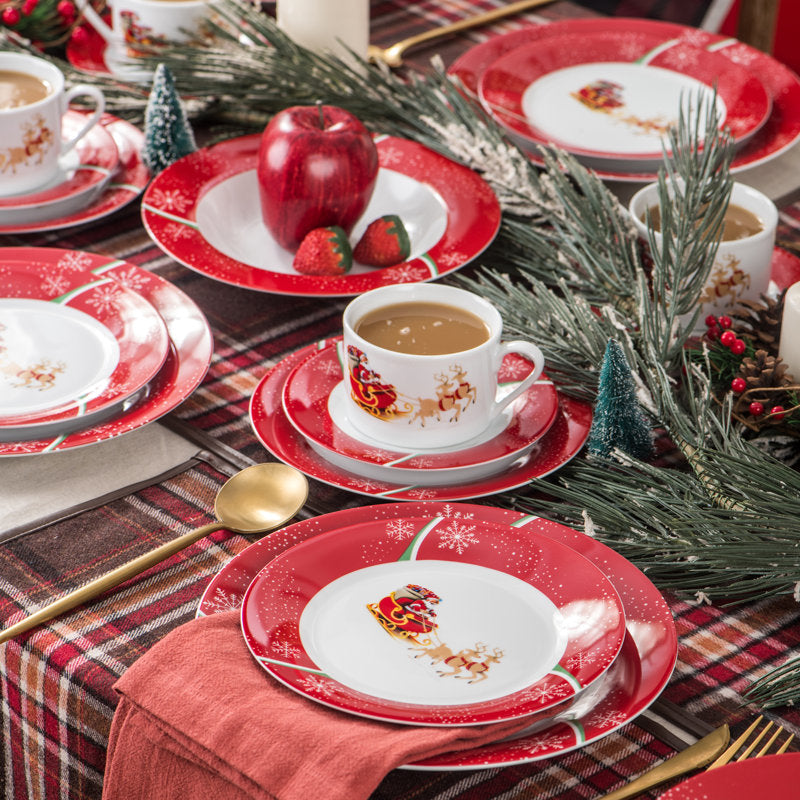 Conjunto de louças Natalino de porcelana com 60 peças - Serviço para 12 Pessoas