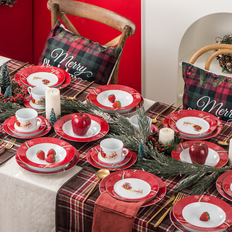 Conjunto de louças Natalino de porcelana com 60 peças - Serviço para 12 Pessoas