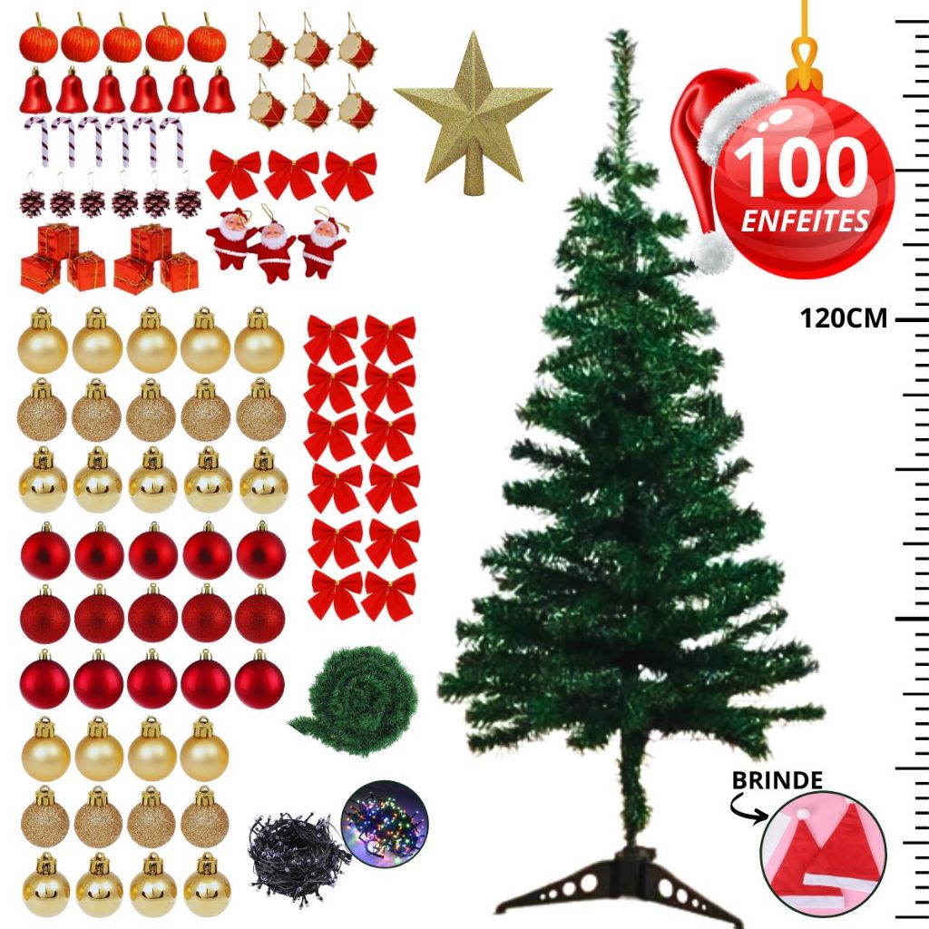 Kit Arvore Natal 120cm 120 Galhos Verde Pinheiro Mais 100 Enfeites Decoração Natalina