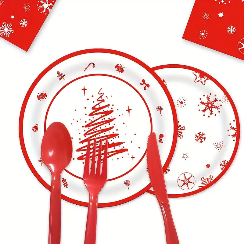 Kit de Talheres para Festa de Natal com 80 Peças - Pratos, Copos e Talheres Descartáveis