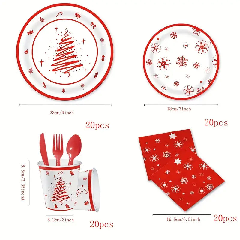 Kit de Talheres para Festa de Natal com 80 Peças - Pratos, Copos e Talheres Descartáveis