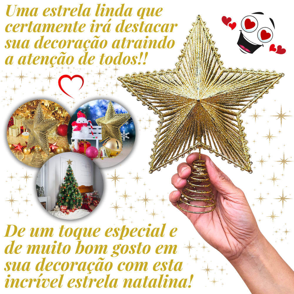 Estrela 24cm Brilhante Aramada Com Glitter Para Árvore De Natal Metalizado