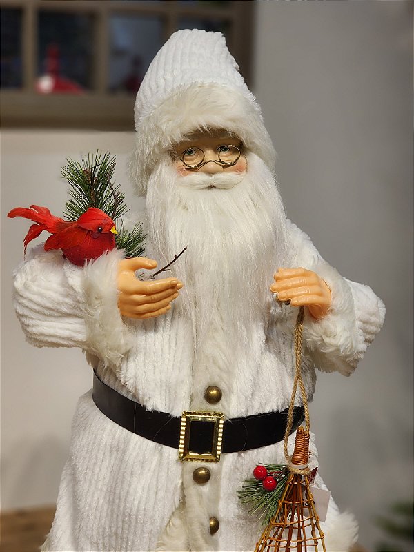PAPAI NOEL EM PÉ BRANCO COM CARDEAL 60CM