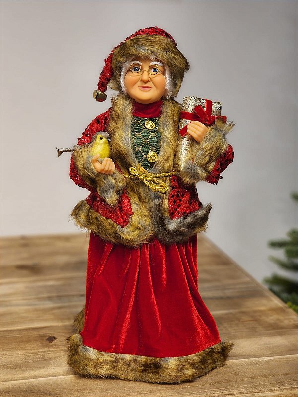 MAMÃE NOEL EM PÉ VERMELHO COM PÁSSARO 45CM